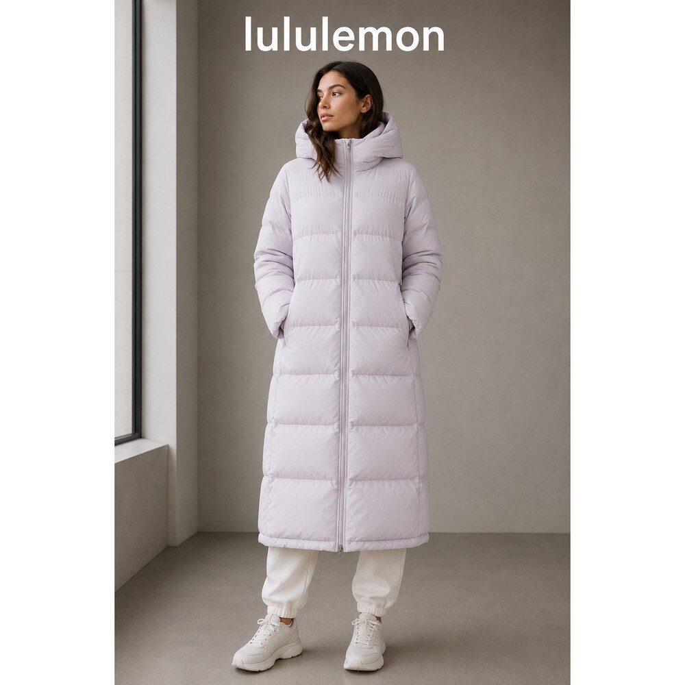 Lululemon Long Hooded Down Puffer Jacket Lavender Pink Goose Down Winter Coat 14